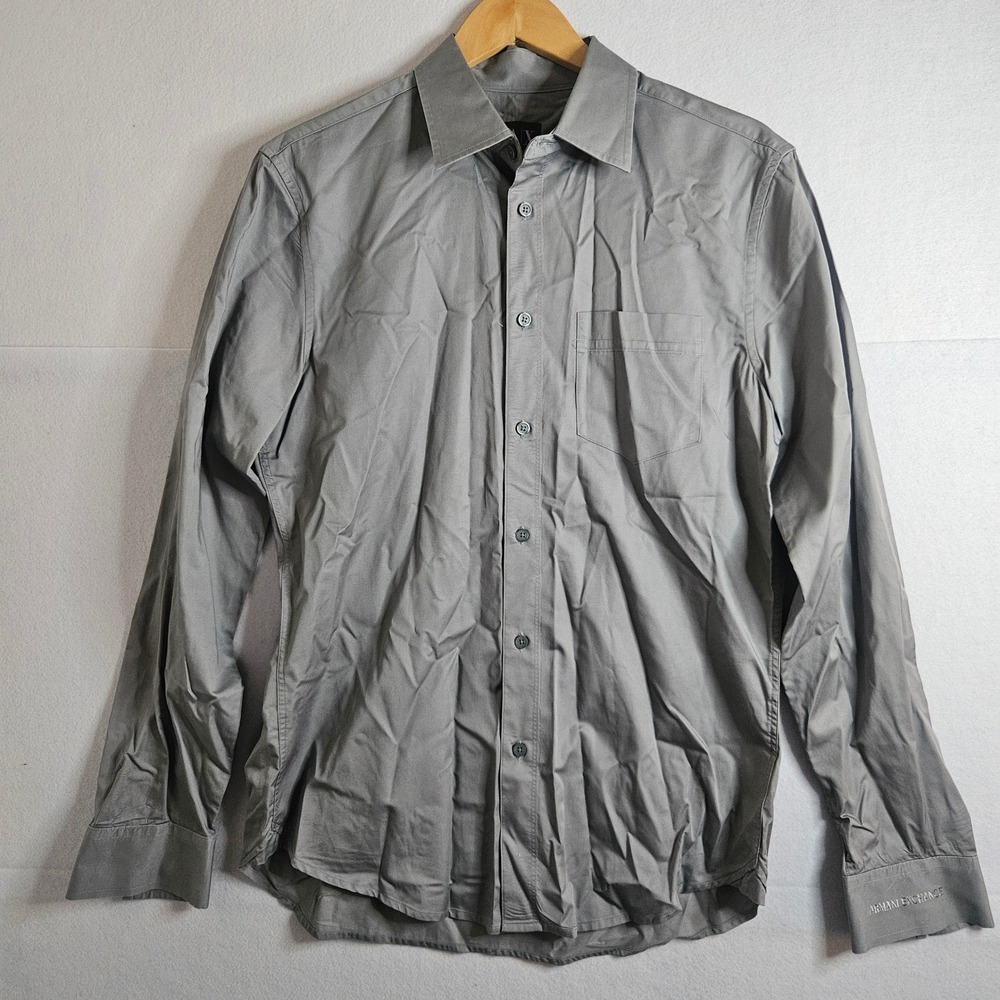Armani Exchange Mens Regular Fit Gray Cotton Button Down Shirt Logo Cuff Large